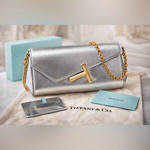 Tiffany & Co. Tiffany T Clutch on Chain Silver Lambskin New Italy Designer HTF